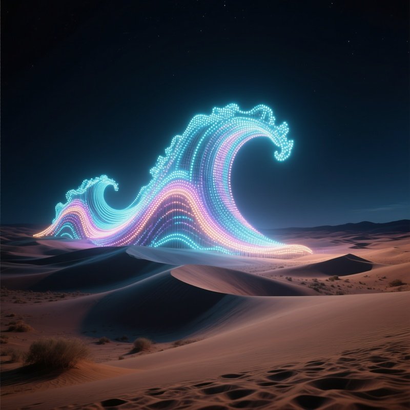 An Expansive Desert Night Scene Illuminated By A Massive Led Installation Shaped Like An Abstract