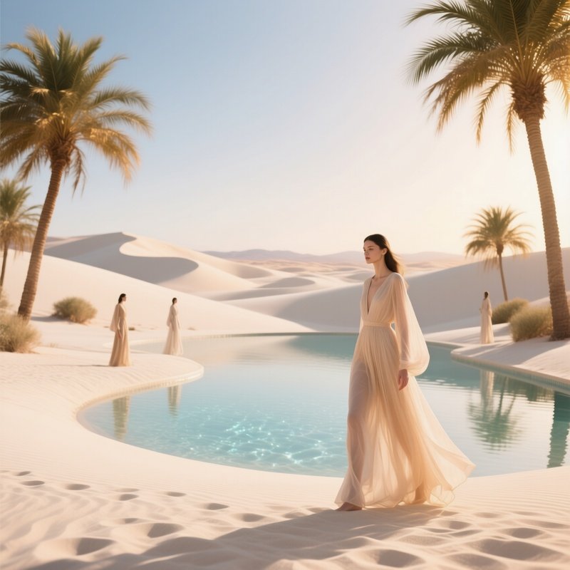 An Expansive Desert Oasis With White Sand Dunes Surrounding A Crystal‑Clear Pool, Palm Trees
