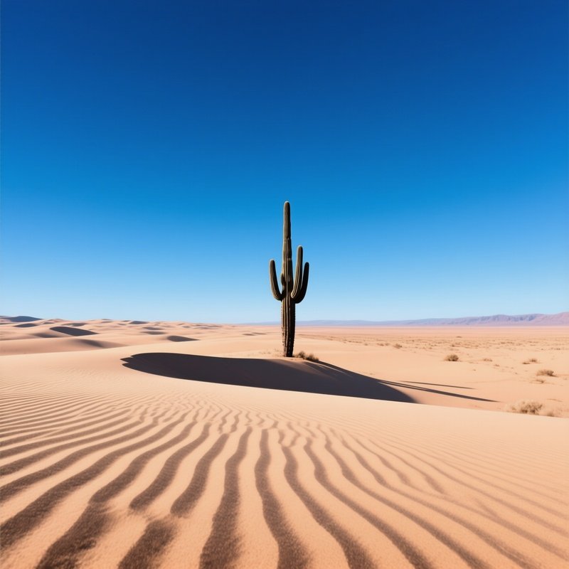An Expansive Desert Plain Under A Deep Blue Midday Sky, Rippling Sand Dunes Casting Long Shadows,