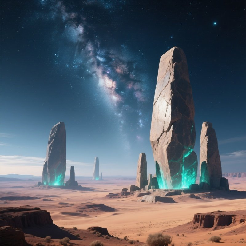 An Expansive Desert Plateau Under A Starry Sky Where Massive Monolithic Structures Made Of Polished
