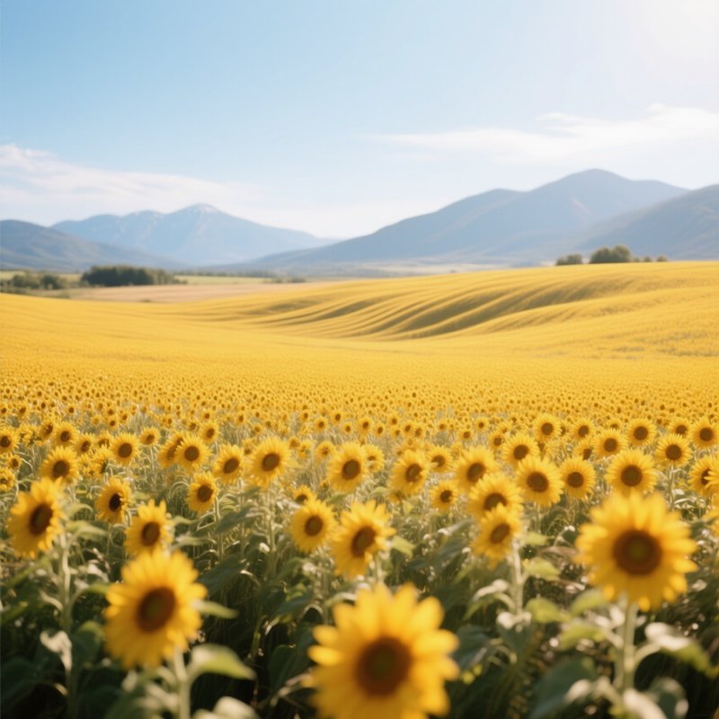 An Expansive Field Of Golden Sunflowers Under A Bright Midday Sky, Distant Mountains Framing The