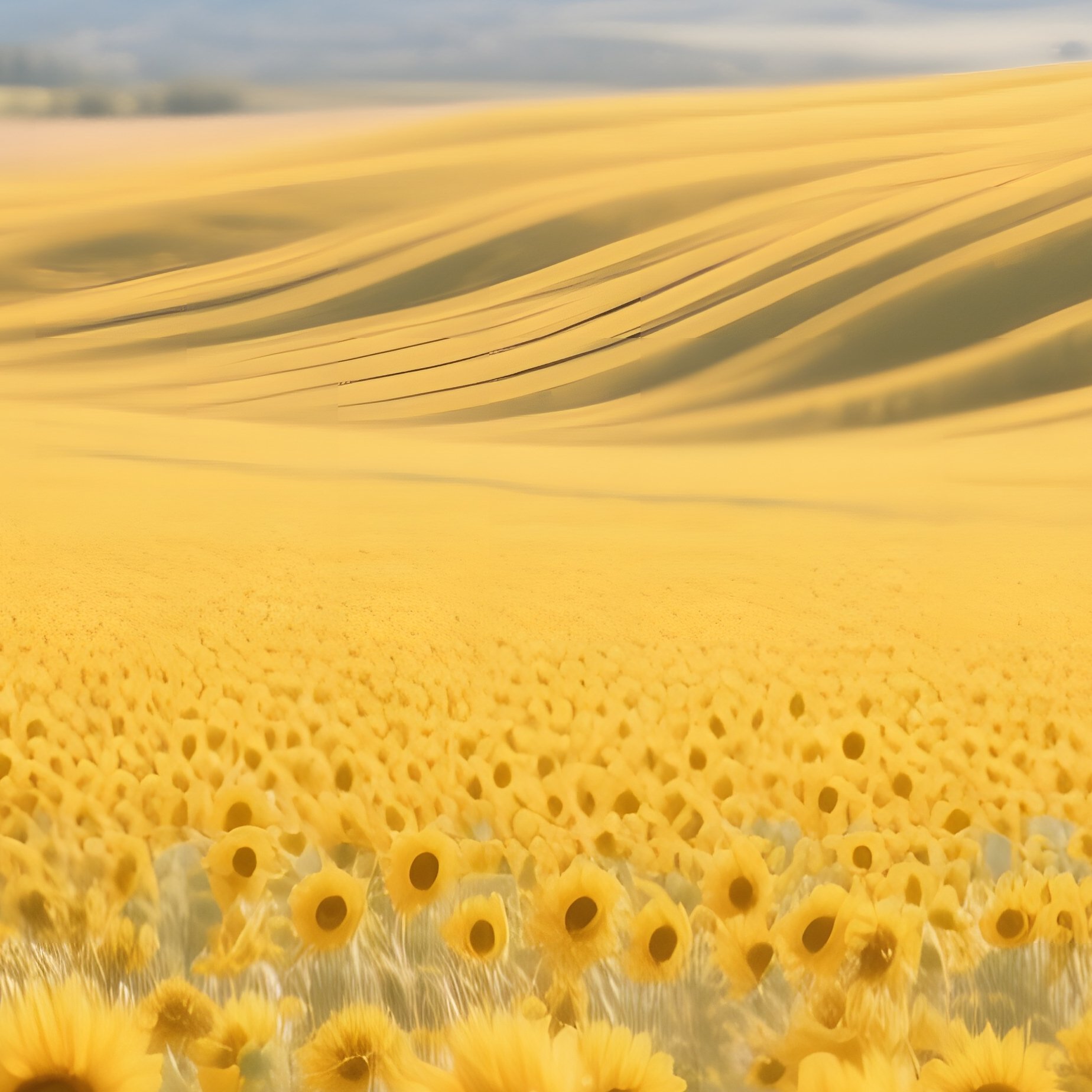 An Expansive Field Of Golden Sunflowers Under A Bright Midday Sky, Distant Mountains Framing The - Full Resolution Quality Preview