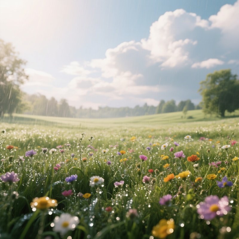 An Expansive Meadow In Early Spring After Rain, Dew‑Covered Wildflowers Of Every Hue Sparkling,