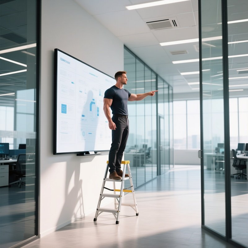 An Expansive Open‑Plan Tech Floor With Glass Partitions, A Muscular Male Team Lead Standing Atop A