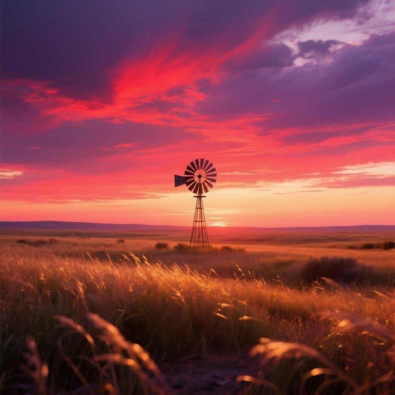 An Expansive Prairie Under A Dramatic Sunset, Sky Ablaze With Reds And Purples, Lone Windmill