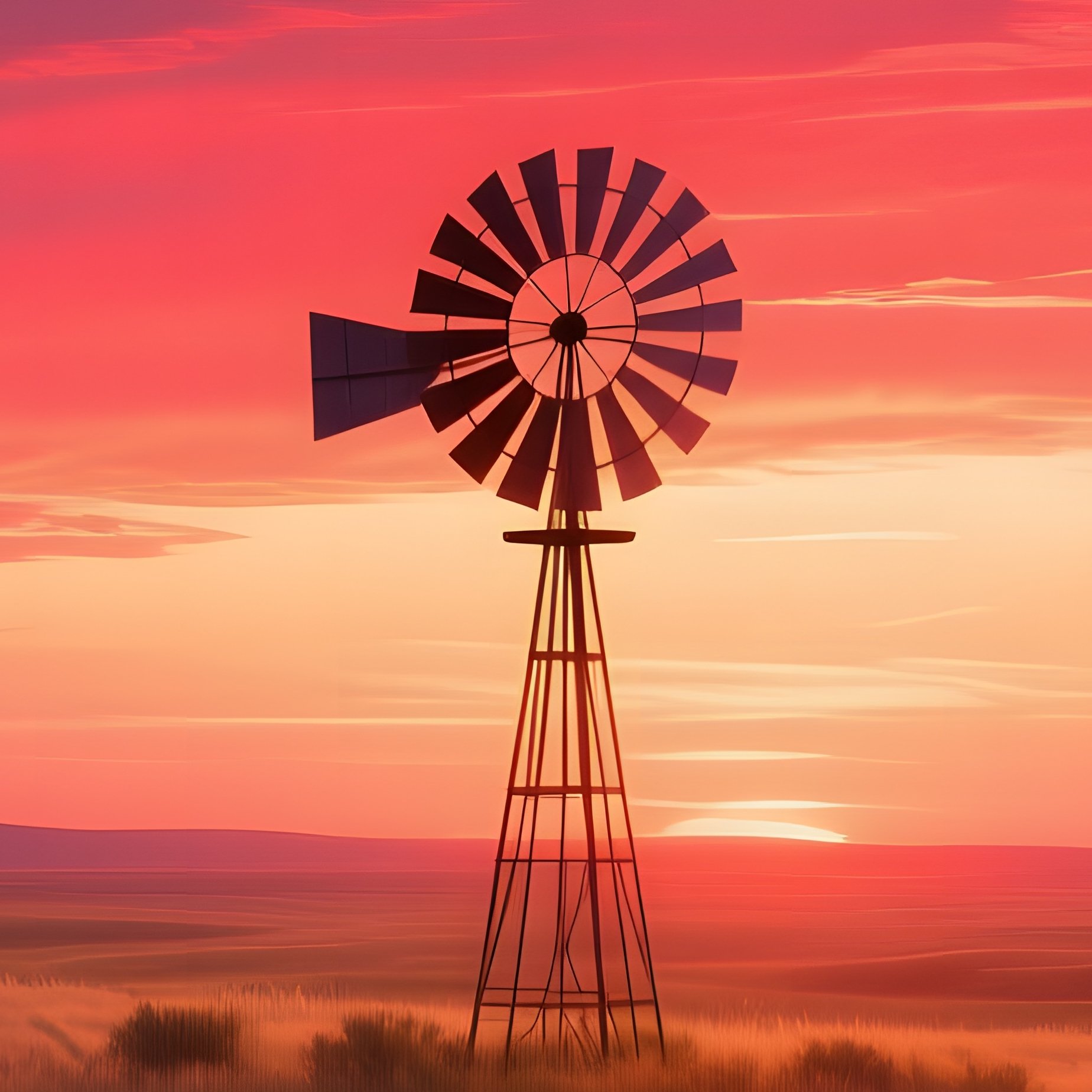 An Expansive Prairie Under A Dramatic Sunset, Sky Ablaze With Reds And Purples, Lone Windmill - Full Resolution Quality Preview
