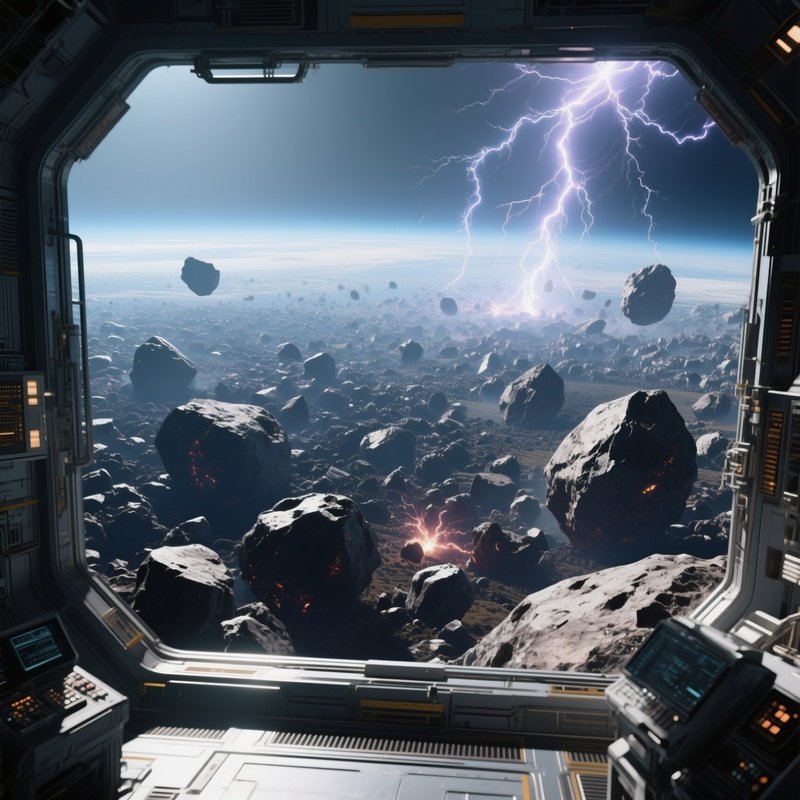 An Expansive View From A Space Station’S Observation Deck, Looking Out Over A Dense Field Of Jagged