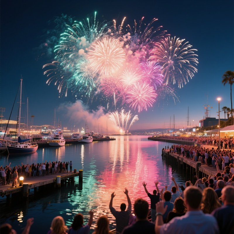 An Expansive View Of A Bustling Harbor During A Fireworks Display, Colorful Bursts Reflecting Off