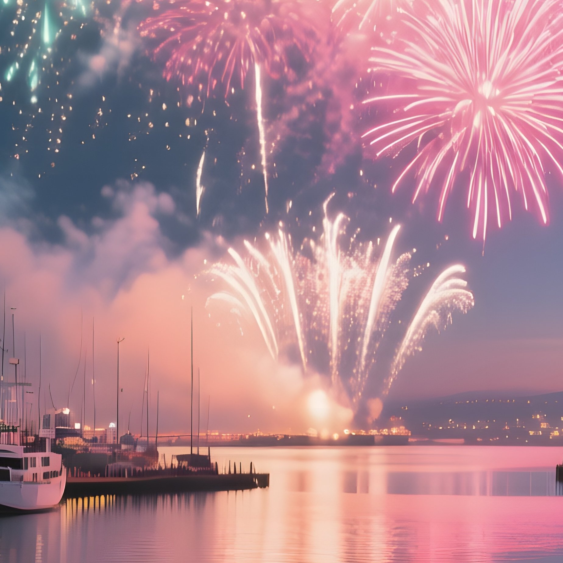 An Expansive View Of A Bustling Harbor During A Fireworks Display, Colorful Bursts Reflecting Off - Full Resolution Quality Preview