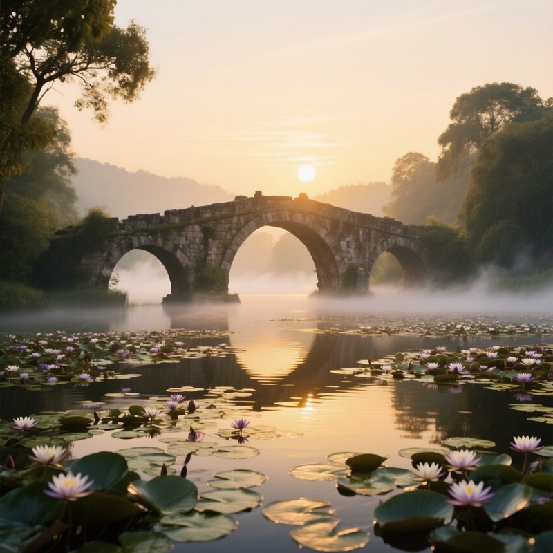 An Expansive View Of An Ancient Stone Bridge Crossing A Lake Covered In Blooming Water Lilies, Mist