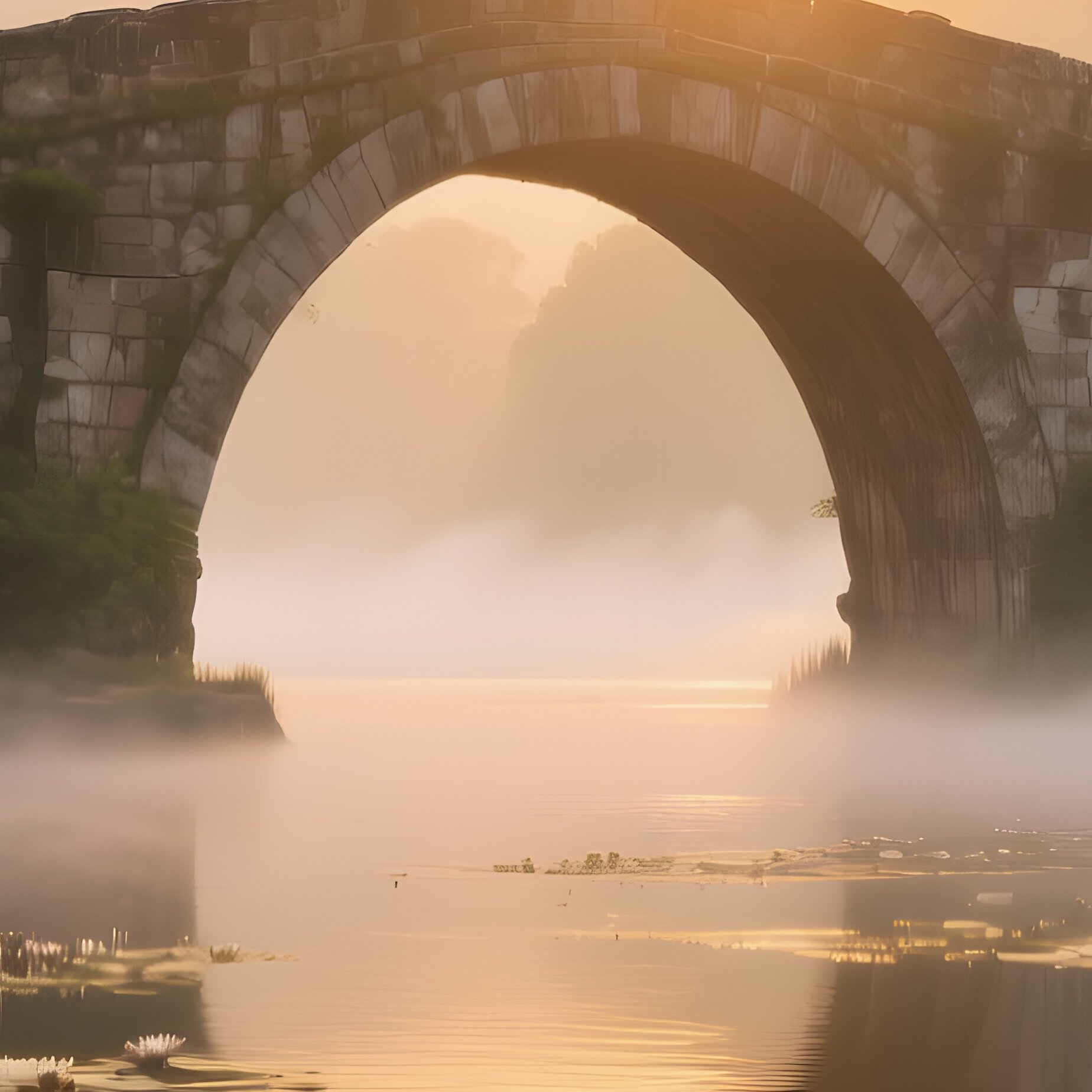 An Expansive View Of An Ancient Stone Bridge Crossing A Lake Covered In Blooming Water Lilies, Mist - Full Resolution Quality Preview