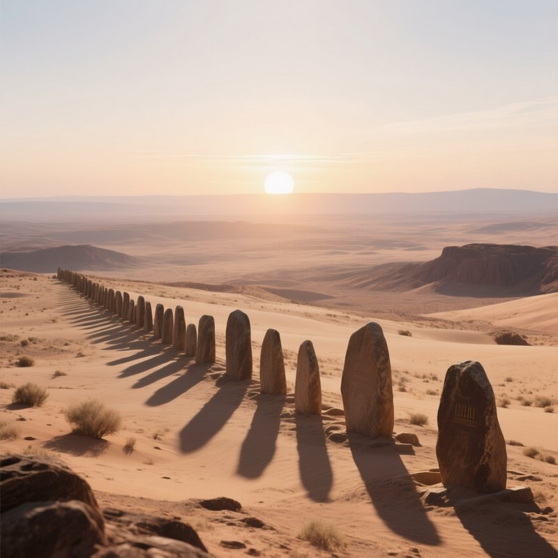 An Expansive View Of The Desert Plateau With A Line Of Standing Stones Marking An Ancient Burial