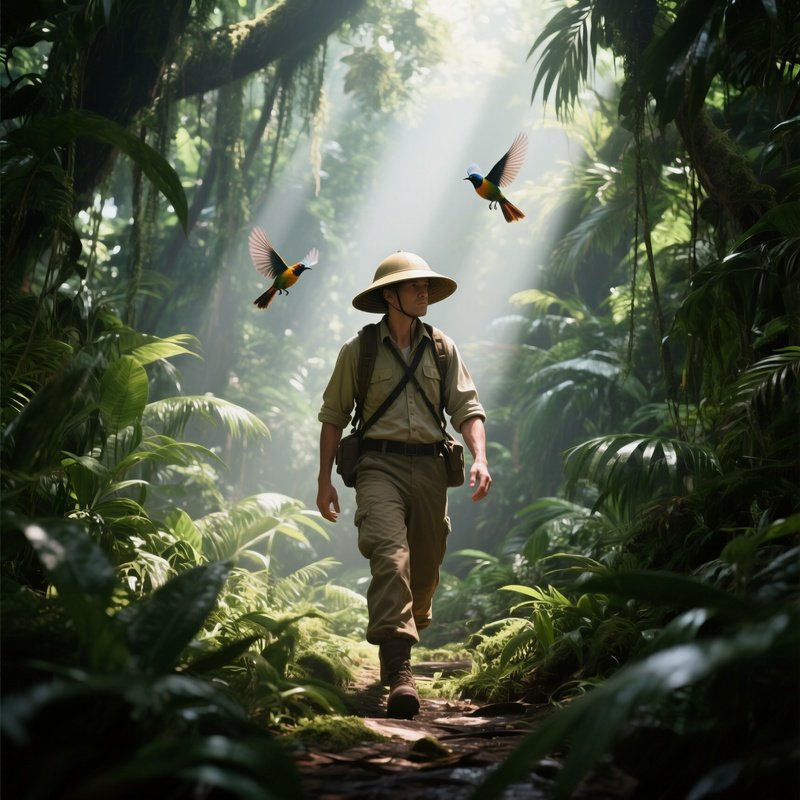 An Explorer Wearing A Pith Helmet Walks Through Dense Jungle Foliage At Midday, Shafts Of Sunlight