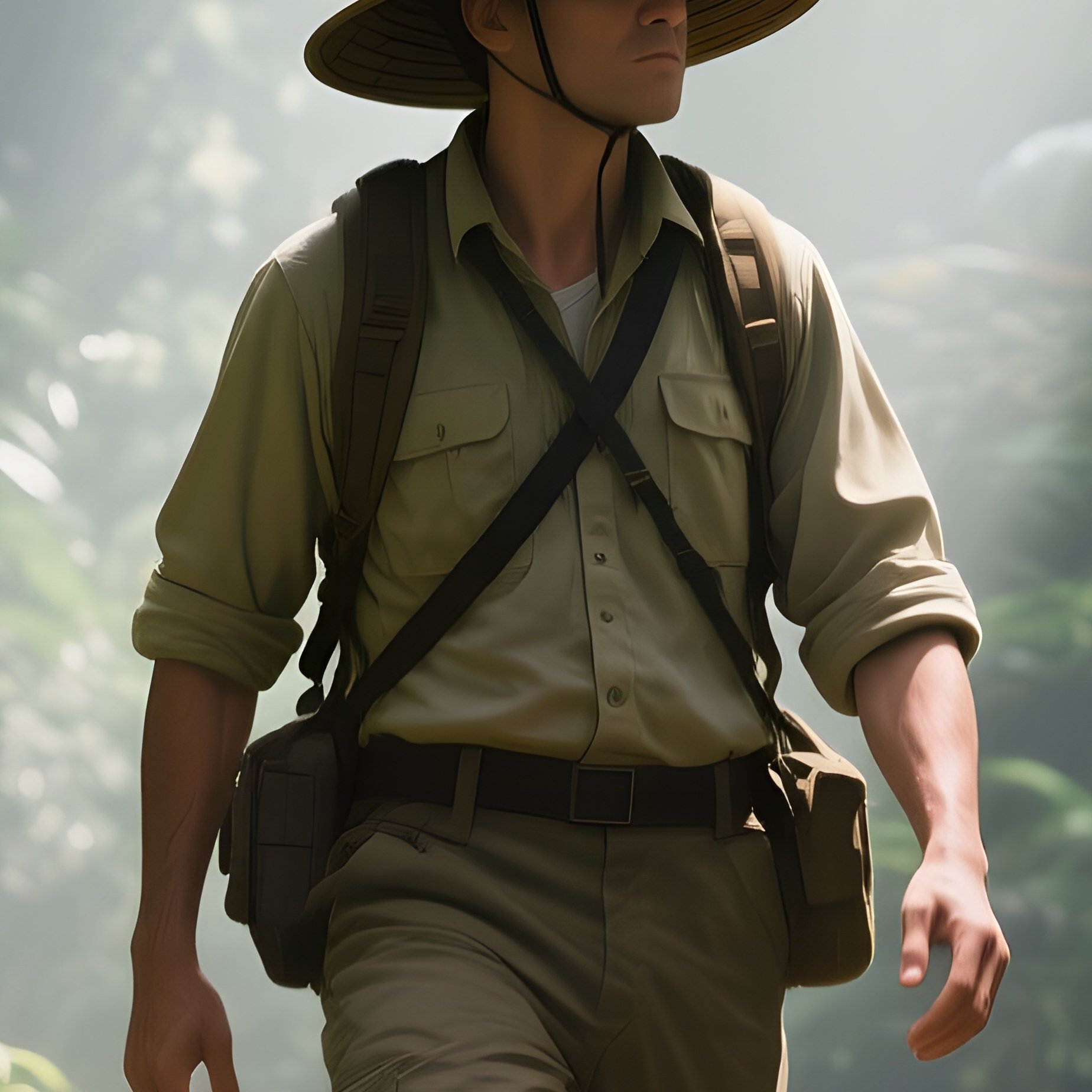 An Explorer Wearing A Pith Helmet Walks Through Dense Jungle Foliage At Midday, Shafts Of Sunlight - Full Resolution Quality Preview
