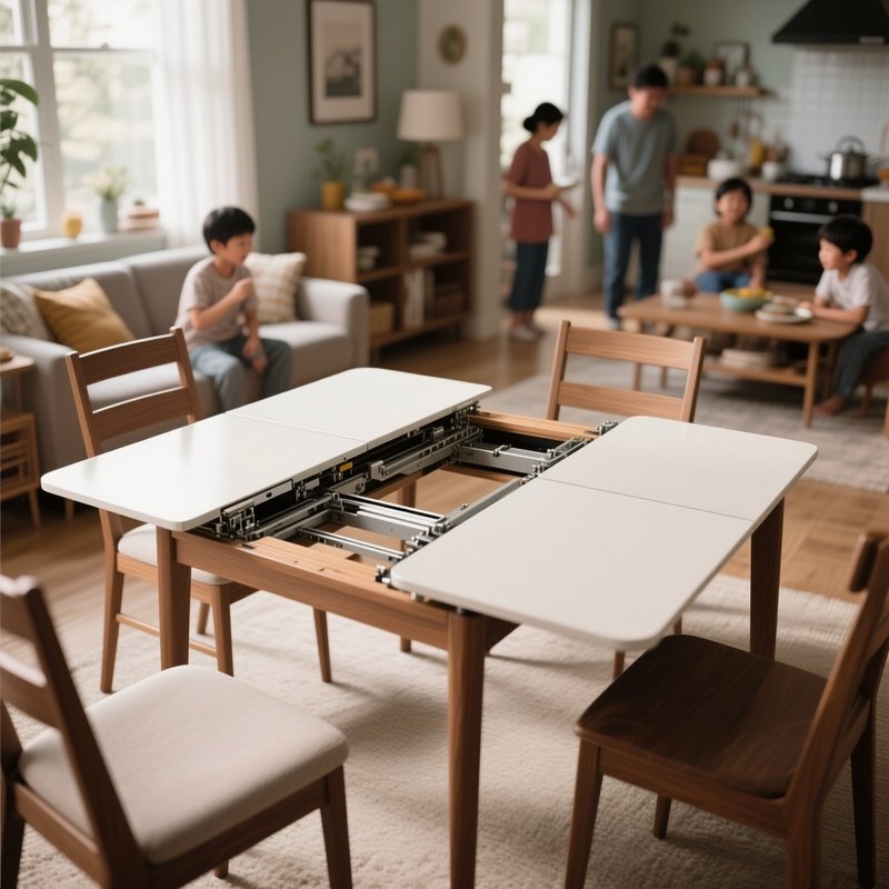An Extendable Dining Table Shown In The Process Of Being Opened To Reveal The Extension Mechanism, Set In A Busy Family Home Context.