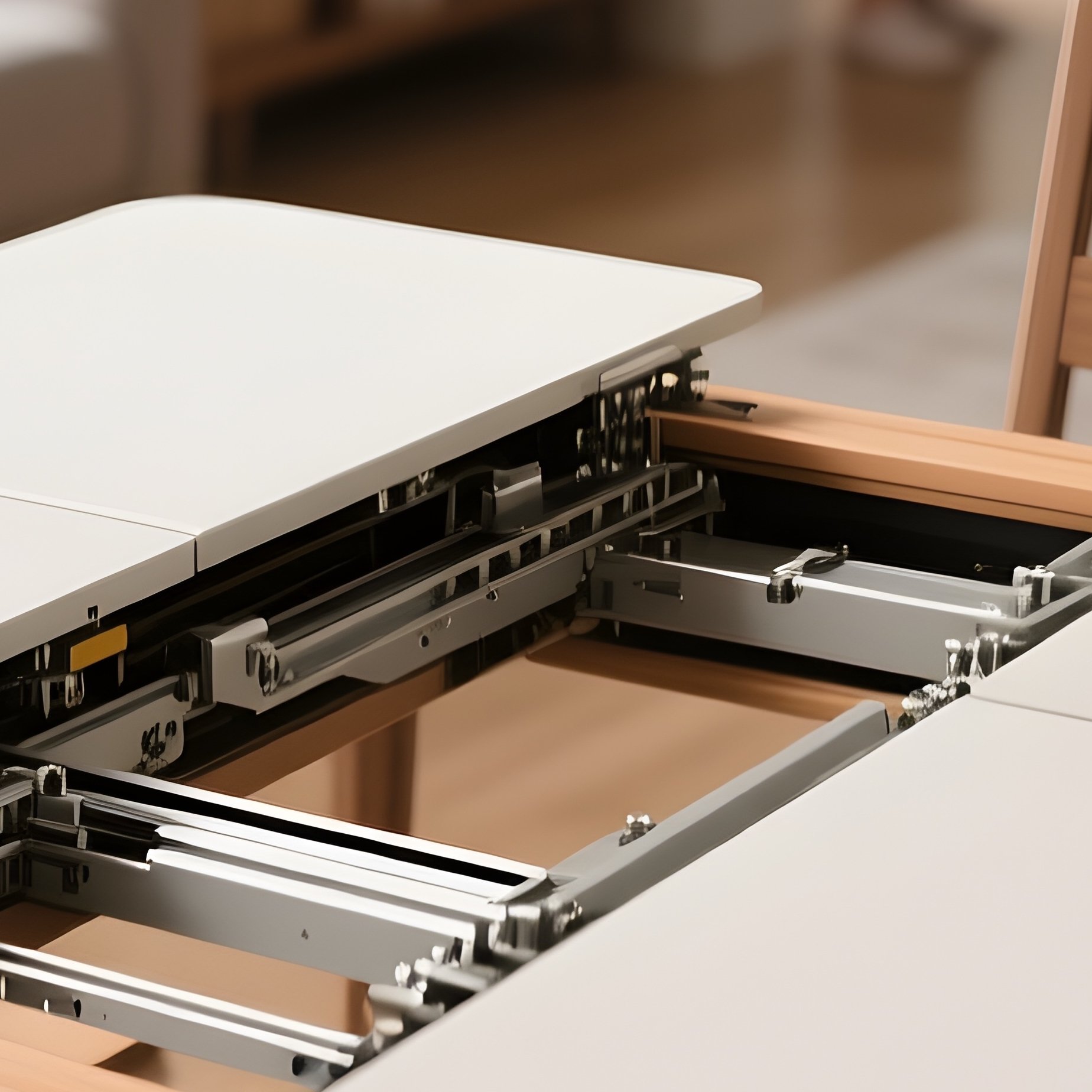 An Extendable Dining Table Shown In The Process Of Being Opened To Reveal The Extension Mechanism, Set In A Busy Family Home Context. - Full Resolution Quality Preview