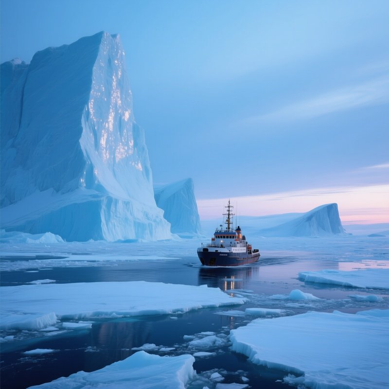 An Ice‑Bound Arctic Sea With Towering Bergs Glistening Under A Pale Blue Twilight, A Lone Research