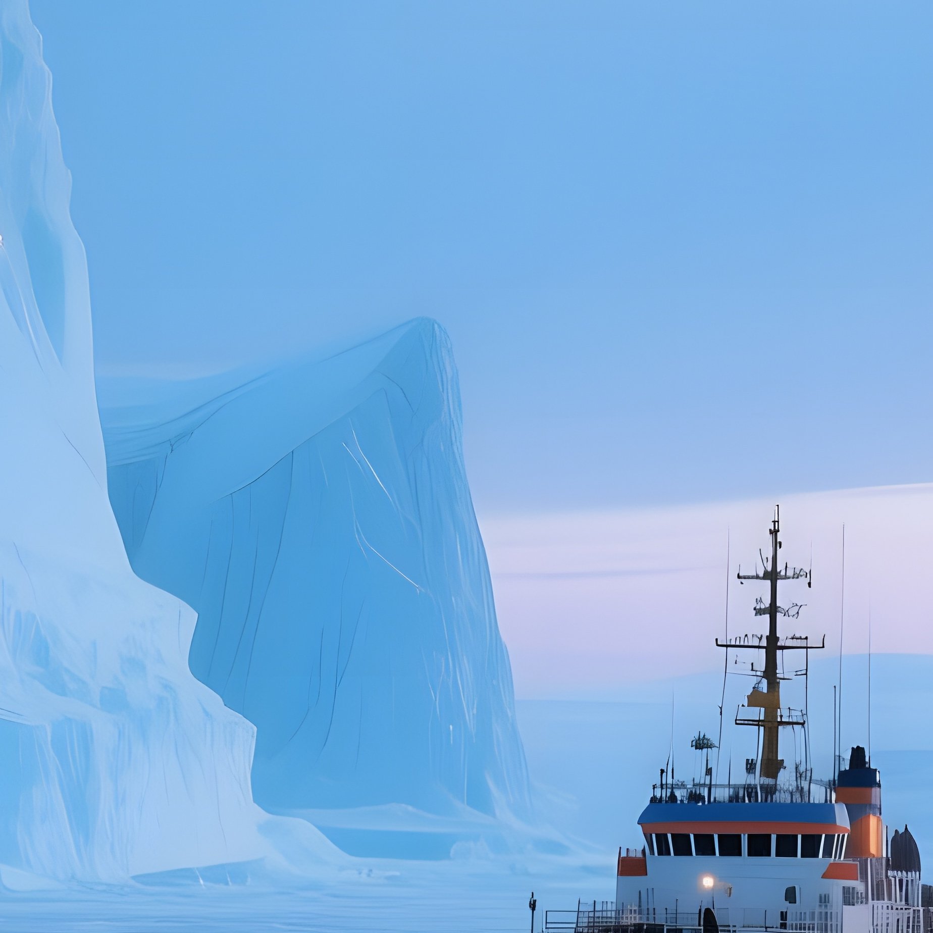 An Ice‑Bound Arctic Sea With Towering Bergs Glistening Under A Pale Blue Twilight, A Lone Research - Full Resolution Quality Preview