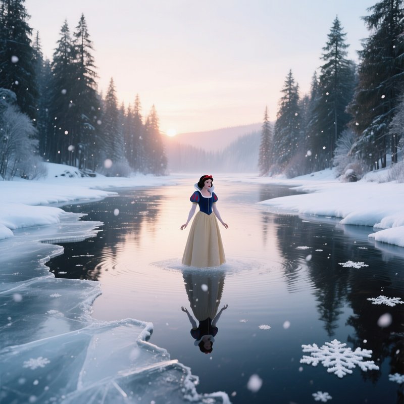 An Icy River Under A Pale Sunrise Where Snow White’S Reflection Shivers On Frozen Water, Delicate