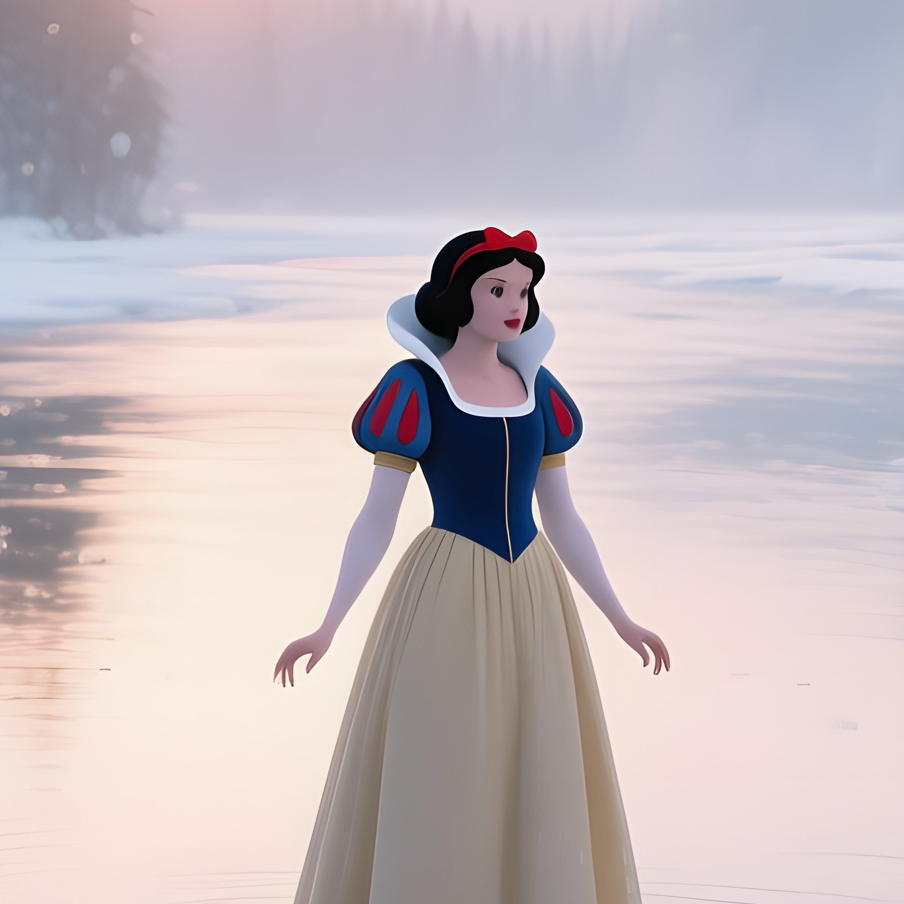 An Icy River Under A Pale Sunrise Where Snow White’S Reflection Shivers On Frozen Water, Delicate - Full Resolution Quality Preview