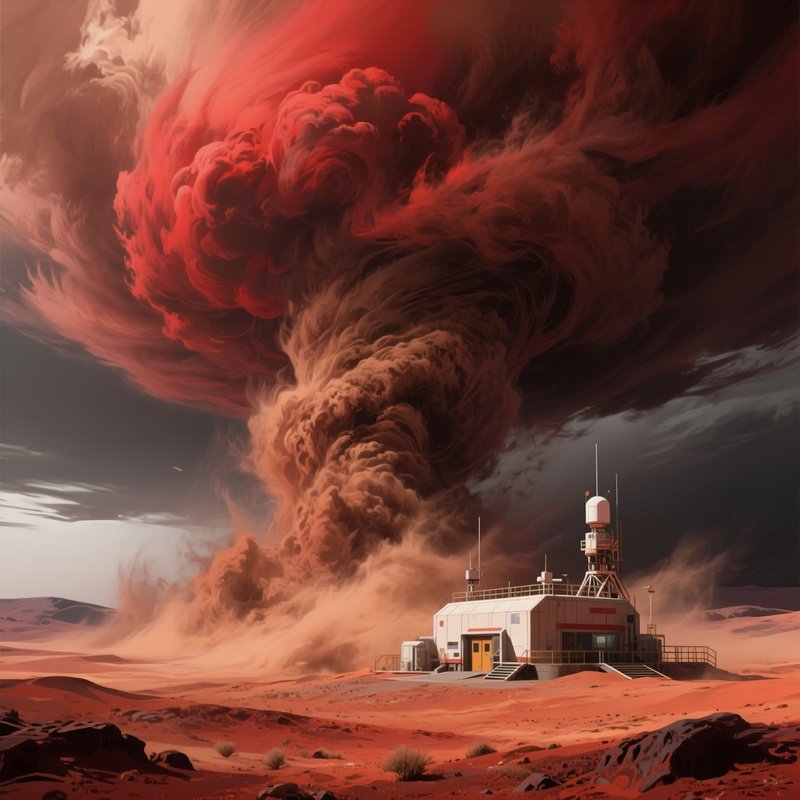 An Illustrative Science Fiction Artwork Showing A Dust Storm On Mars With Base In The Background