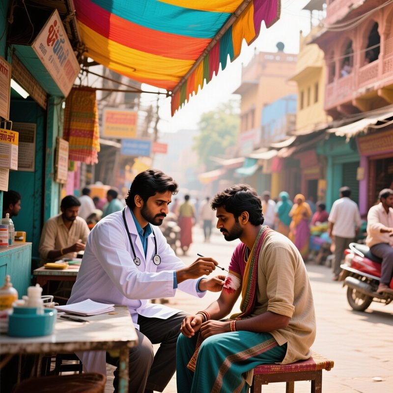 An Indian Doctor In A Bustling Street Clinic In Jaipur At Midday, Treating A Patient'S Wound Under