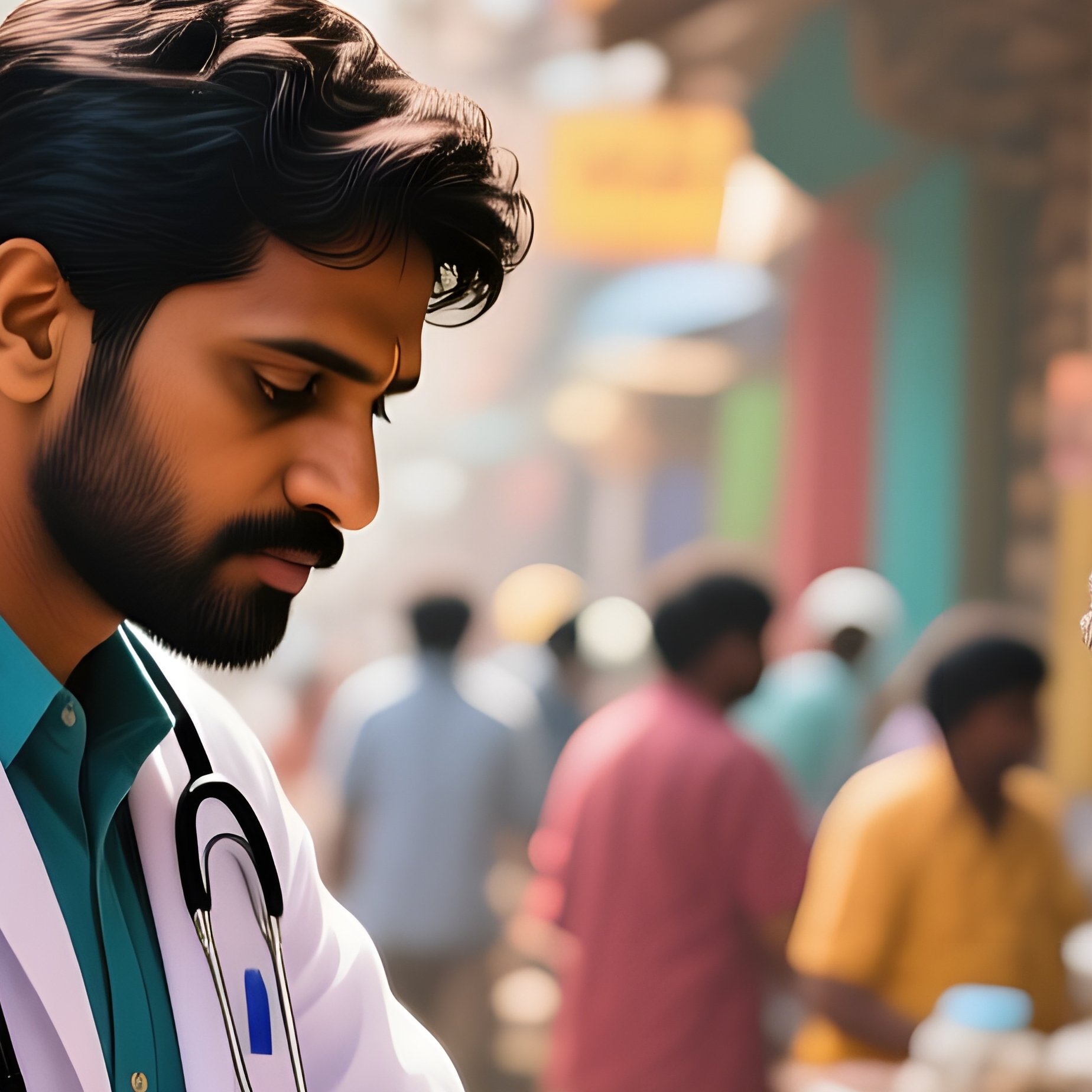 An Indian Doctor In A Bustling Street Clinic In Mumbai At Midday, Treating A Patient'S Wound Under - Full Resolution Quality Preview