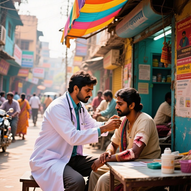 An Indian Doctor In A Bustling Street Clinic In Kanpur At Midday, Treating A Patient'S Wound Under
