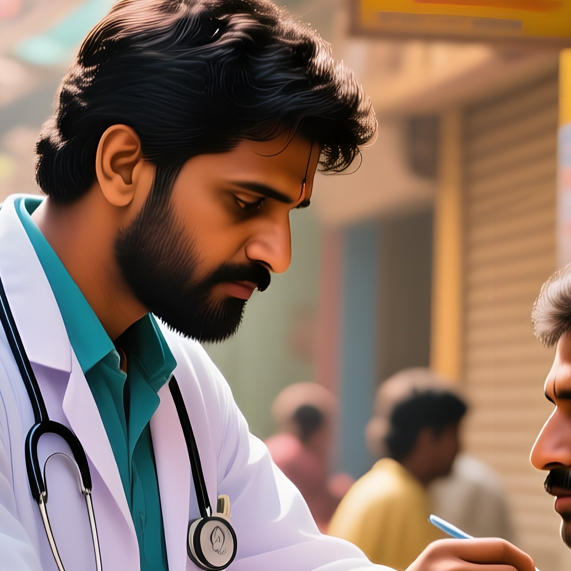 An Indian Doctor In A Bustling Street Clinic In Surat At Midday, Treating A Patient'S Wound Under A - Full Resolution Quality Preview