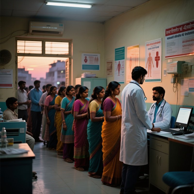 An Indian Doctor In A Busy Urban Clinic In Surat At Dusk, Attending To A Long Queue Of Patients,