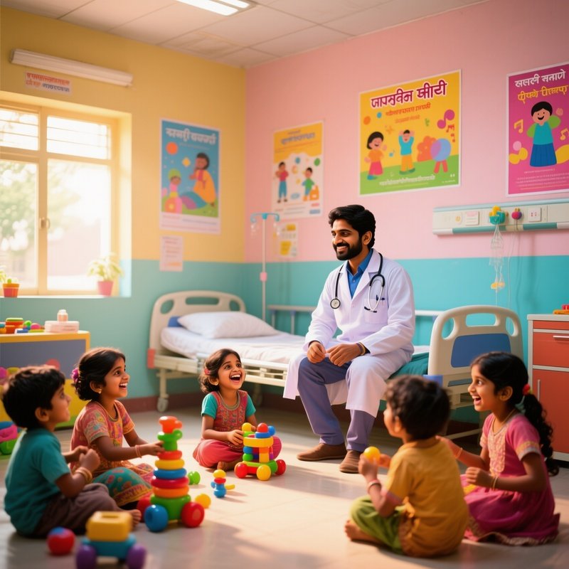 An Indian Doctor In A Colorful, Well Lit Pediatric Ward In Bhopal During The Morning, Surrounded By
