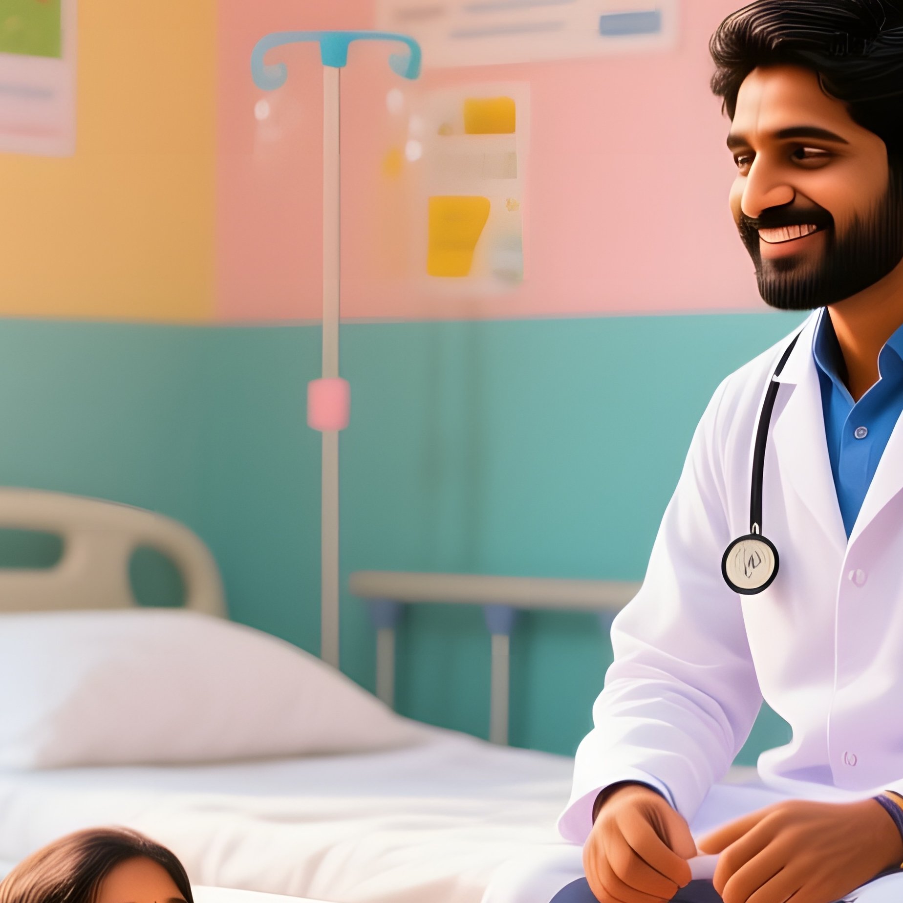 An Indian Doctor In A Colorful, Well Lit Pediatric Ward In Bhopal During The Morning, Surrounded By - Full Resolution Quality Preview