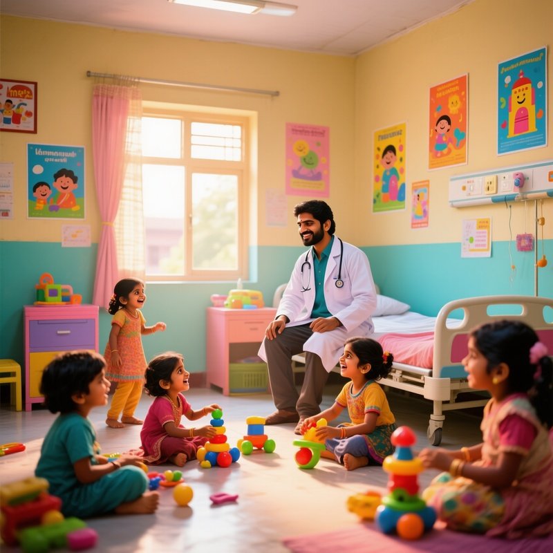 An Indian Doctor In A Colorful, Well Lit Pediatric Ward In Agra During The Morning, Surrounded By