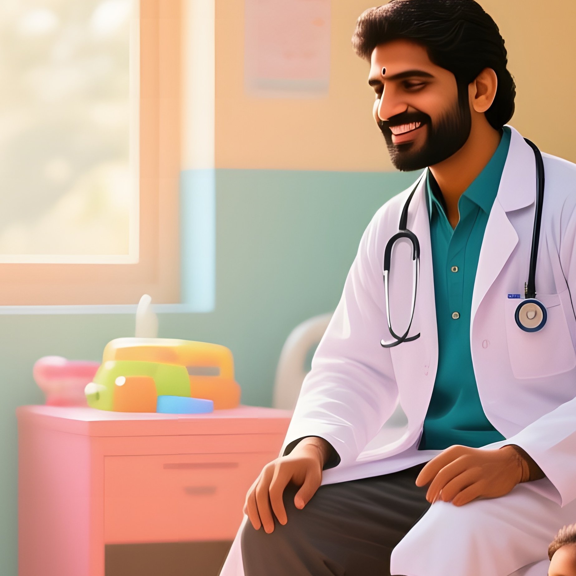 An Indian Doctor In A Colorful, Well Lit Pediatric Ward In Agra During The Morning, Surrounded By - Full Resolution Quality Preview