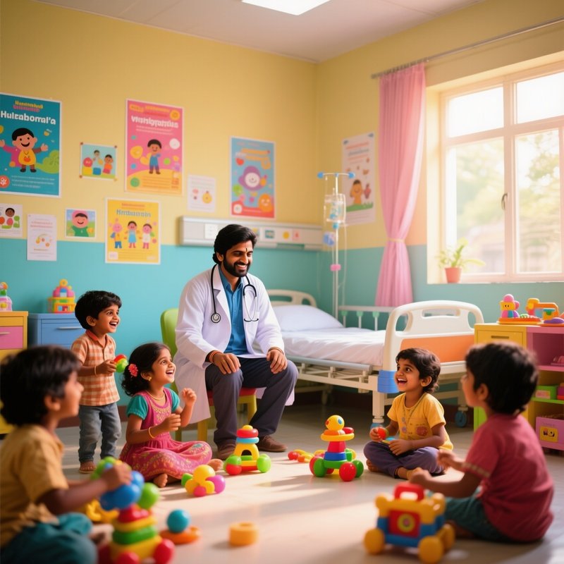 An Indian Doctor In A Colorful, Well Lit Pediatric Ward In Hyderabad During The Morning, Surrounded