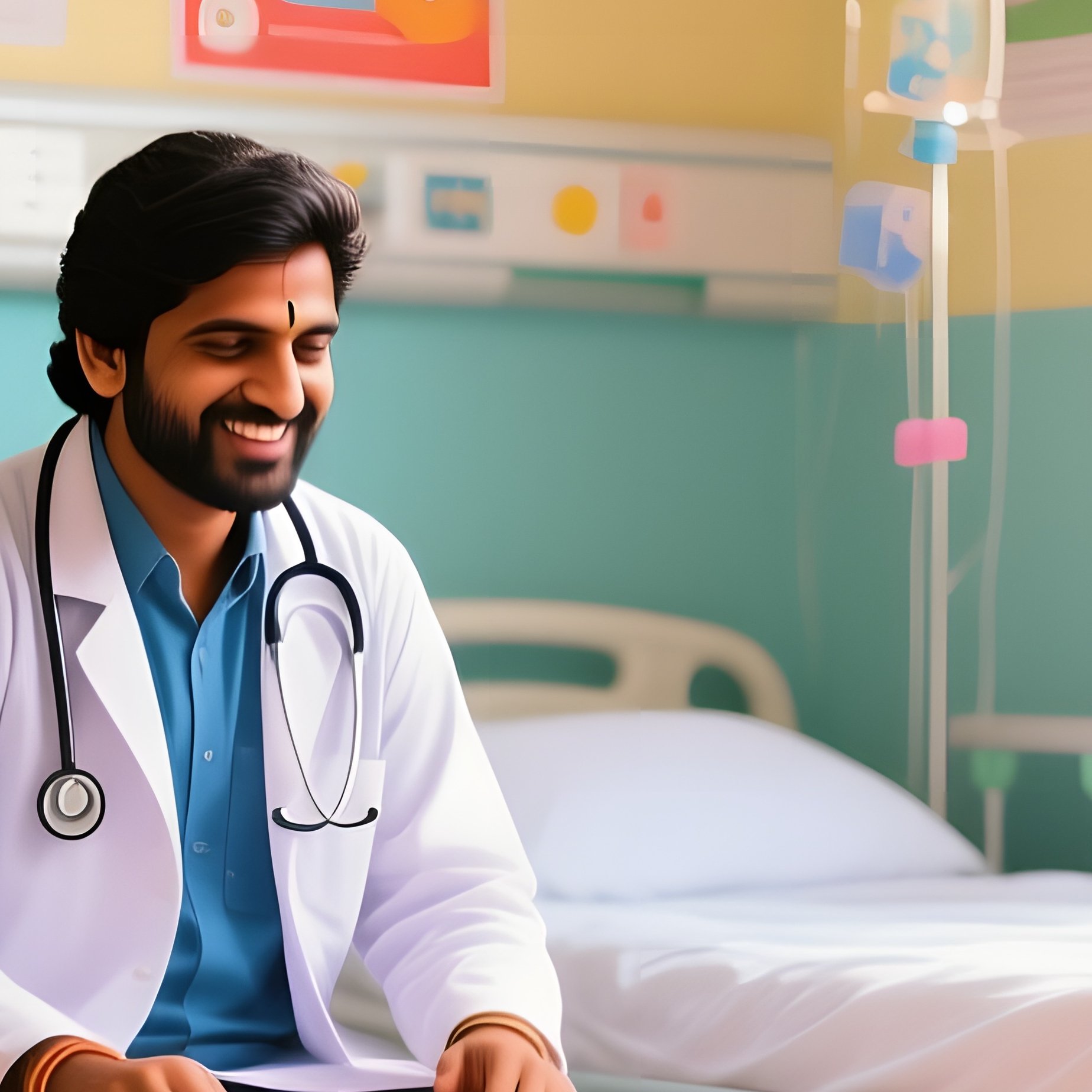 An Indian Doctor In A Colorful, Well Lit Pediatric Ward In Hyderabad During The Morning, Surrounded - Full Resolution Quality Preview