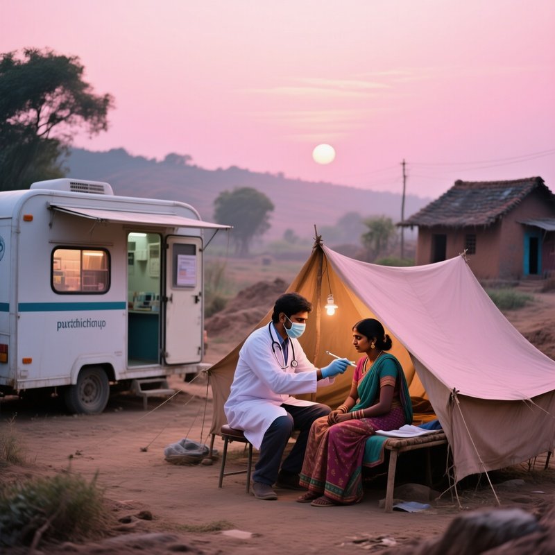 An Indian Doctor In A Mobile Dental Clinic In A Rural Area At Sunrise, Treating A Patient Under A