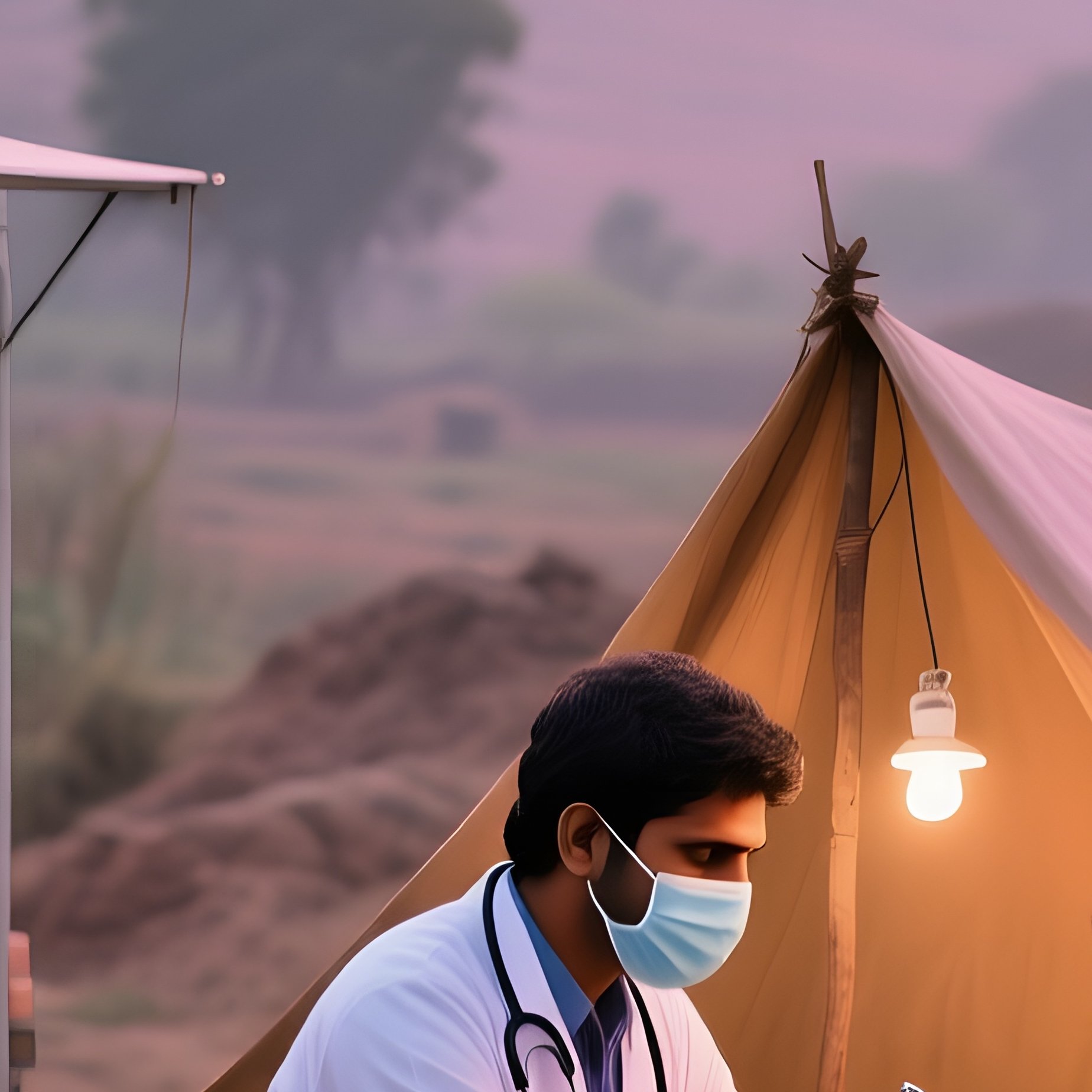 An Indian Doctor In A Mobile Dental Clinic In A Rural Area At Sunrise, Treating A Patient Under A - Full Resolution Quality Preview