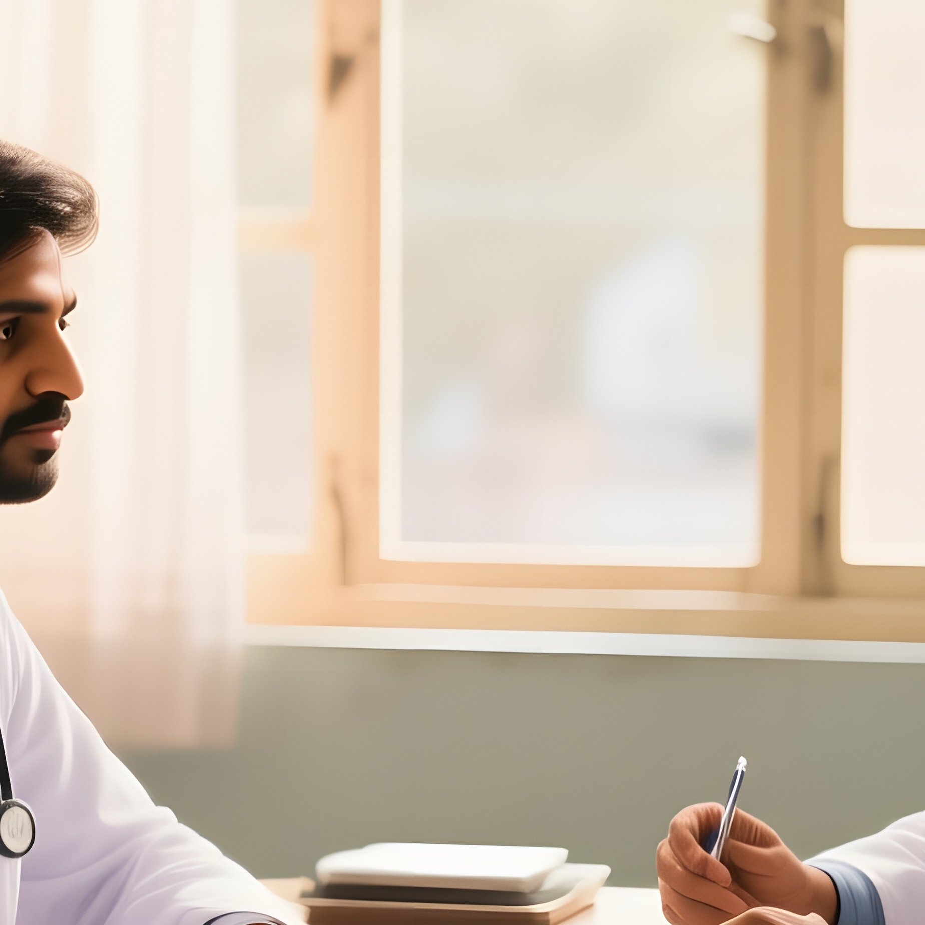 An Indian Doctor In A Quiet, Sunlit Consultation Room In Jaipur During The Afternoon, Sitting At A - Full Resolution Quality Preview