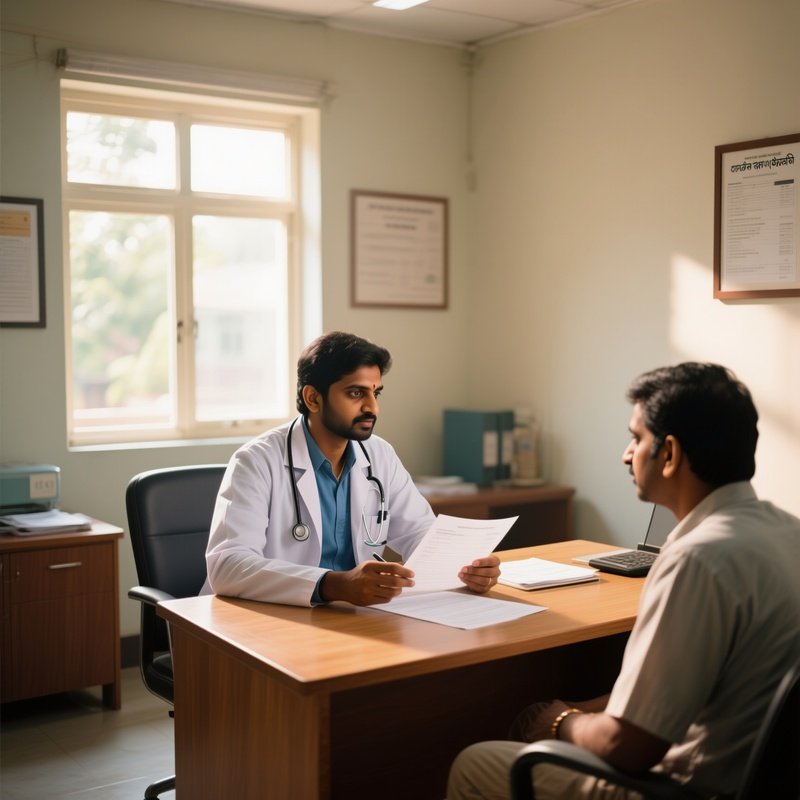 An Indian Doctor In A Quiet, Sunlit Consultation Room In Chennai During The Afternoon, Sitting At A