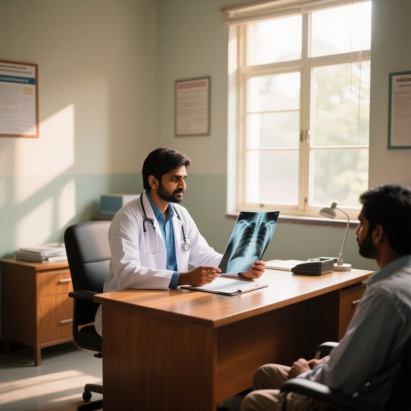 An Indian Doctor In A Quiet, Sunlit Consultation Room In Indore During The Afternoon, Sitting At A