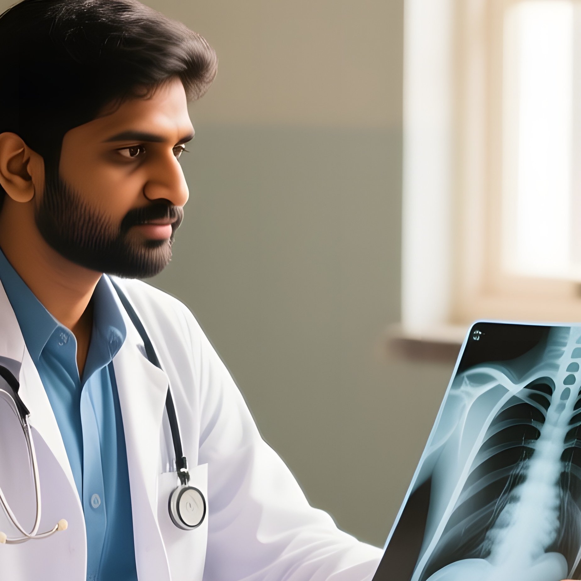 An Indian Doctor In A Quiet, Sunlit Consultation Room In Indore During The Afternoon, Sitting At A - Full Resolution Quality Preview