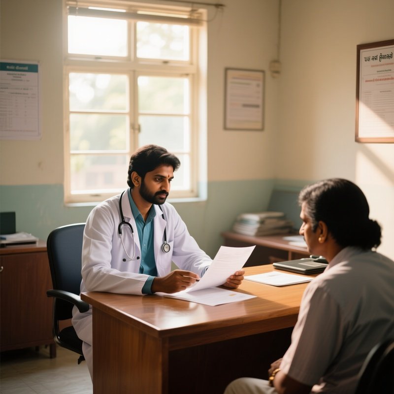 An Indian Doctor In A Quiet, Sunlit Consultation Room In Pune During The Afternoon, Sitting At A