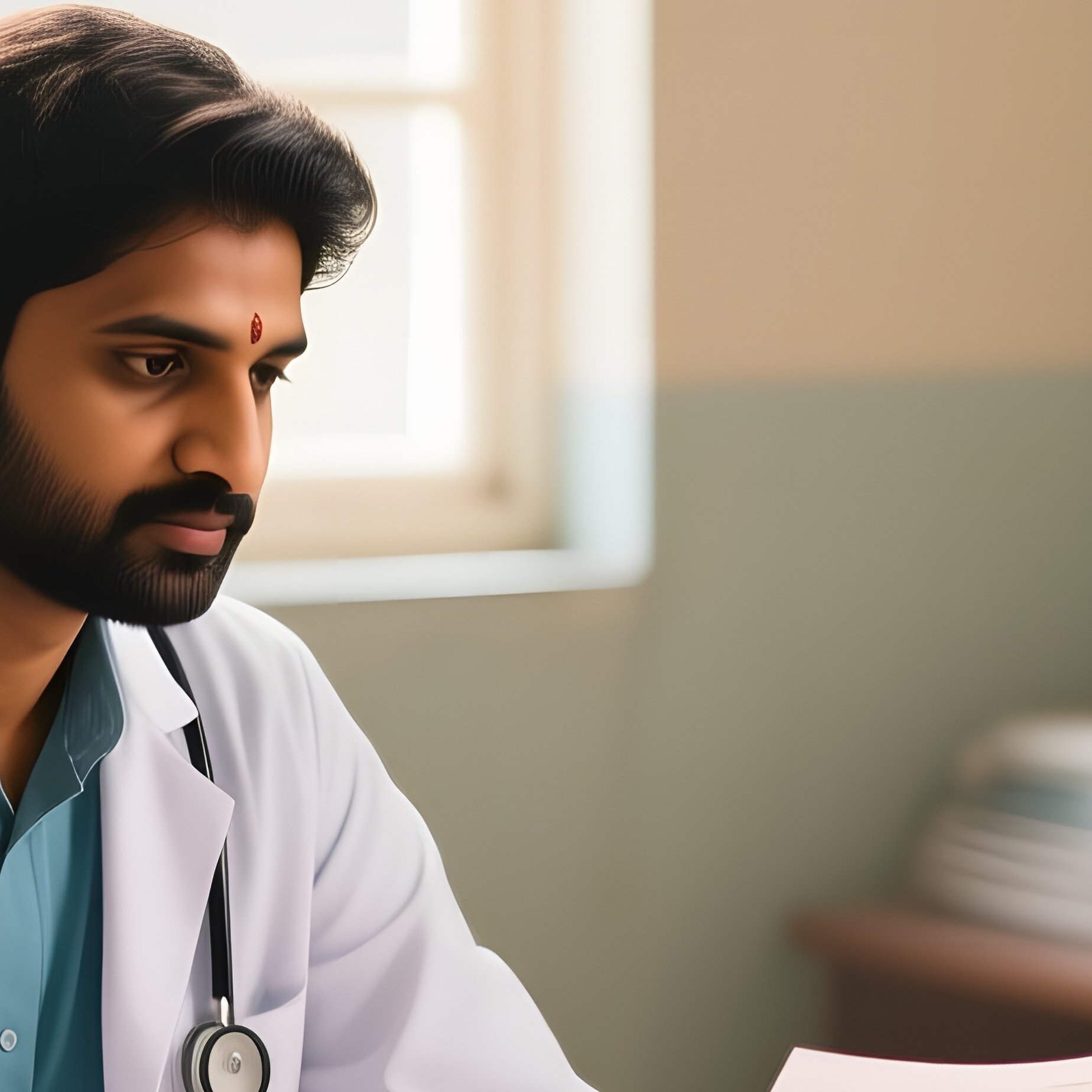 An Indian Doctor In A Quiet, Sunlit Consultation Room In Pune During The Afternoon, Sitting At A - Full Resolution Quality Preview