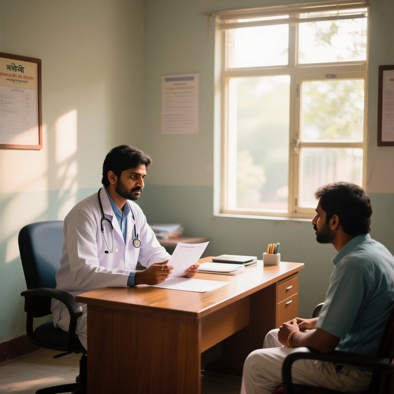 An Indian Doctor In A Quiet, Sunlit Consultation Room In Bhubaneswar During The Afternoon, Sitting