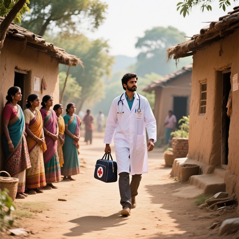 An Indian Doctor On A House Call In A Rural Village At Midday, Carrying A Medical Bag And Walking
