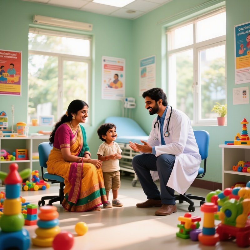 An Indian Pediatrician In A Cheerful, Brightly Lit Clinic In Bangalore During The Afternoon,