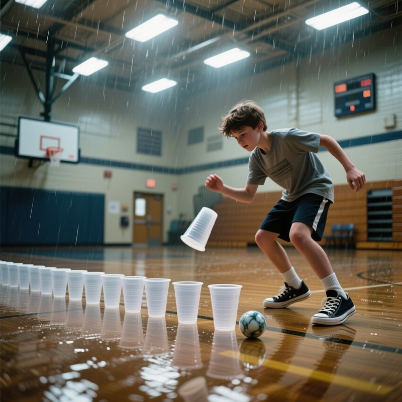 An Indoor Community Center Gymnasium On A Rainy Afternoon, Fluorescent Lights Brightening A Row Of