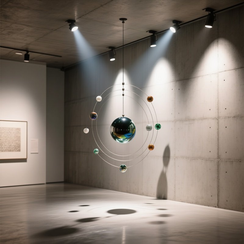 An Indoor Gallery Showcasing A Suspended Kinetic Marble Mobile That Slowly Rotates, Illuminated By