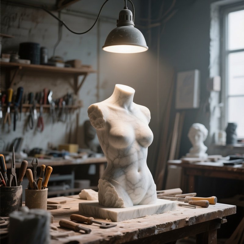An Indoor Workshop Filled With Sculpting Tools, A Half‑Finished Marble Torso Illuminated By A